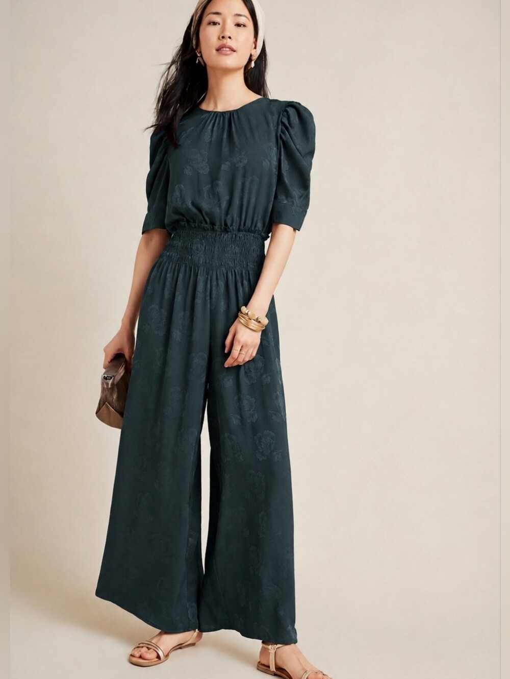 NWT Anthro Current Air Emerald Floral Jacquard Jumpsuit, M